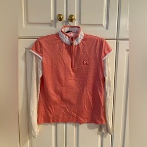 Quarter Zip Golf shirt Melon Red with UV long sleeves by M' VA Women's XS 2-in-1